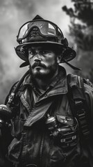 Black and white photo of a firefighter in full gear, ready for duty