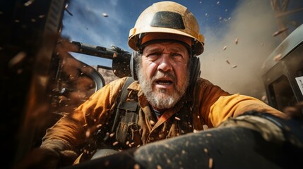Obraz premium A miner looks at the camera while working in a mine.