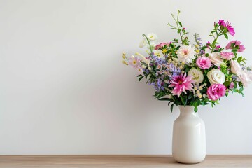 fresh floral bouquet in vase on wooden table by white wall lifestyle photography