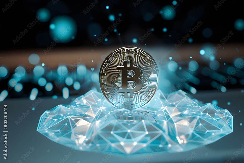 Aufkleber cryptocurrency in the digital age: golden bitcoin amidst blue binary code