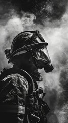 Black and white image of a firefighter tackling a fire