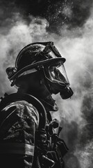 Fototapeta premium Black and white image of a firefighter tackling a fire