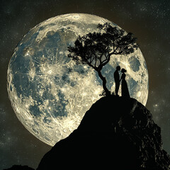 3d rendered photos of Silhouette of two lovers posing cutely against the background of a huge moon made with generative AI
