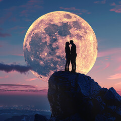 3d rendered photos of Silhouette of two lovers posing cutely against the background of a huge moon made with generative AI