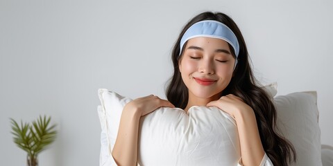 Beautiful smiling girl in pajama having sweet dream and hugging pillow