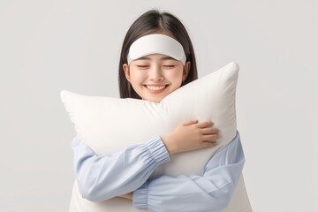 Beautiful smiling girl in pajama having sweet dream and hugging pillow