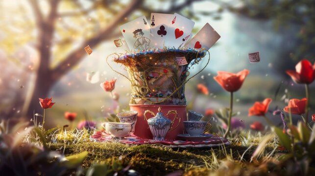 Stacked whimsical tea cups topped with a colorful mad hatter hat in an enchanted forest setting