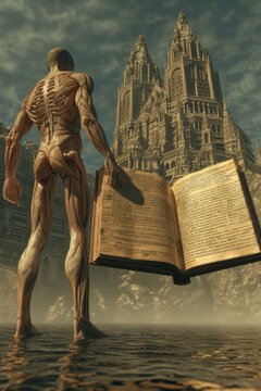 Muscular man standing in front of a gothic cathedral