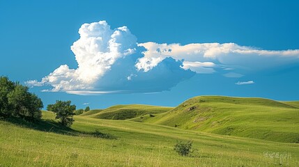 Obraz premium Green rolling hills under a blue sky with white clouds