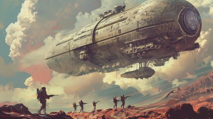 Digital painting of a futuristic military squadron deploying from a steampunk airship in a surreal, vibrant landscape, textures detailed