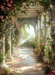 Pink roses archway in the garden