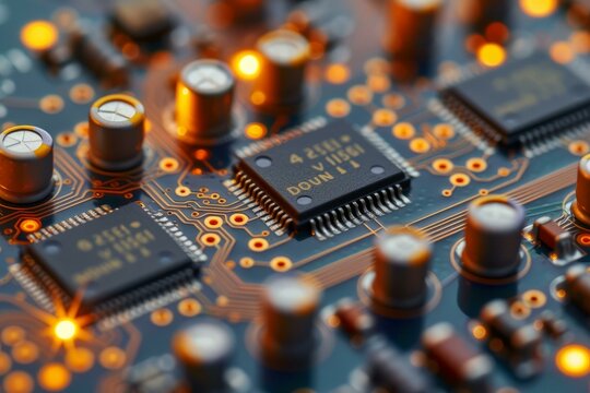 Close-up of an electronic circuit board with orange glowing capacitors and resistors