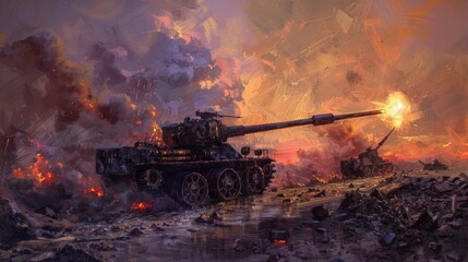 Kinetic Art of an artillery unit in motion, capturing the dynamic energy and mechanical details in a vibrant, actionpacked scene