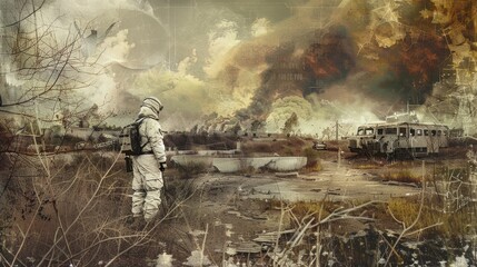 Mixed Media Art of a peacekeeping operation in a postapocalyptic survival setting, blending photography with digital elements