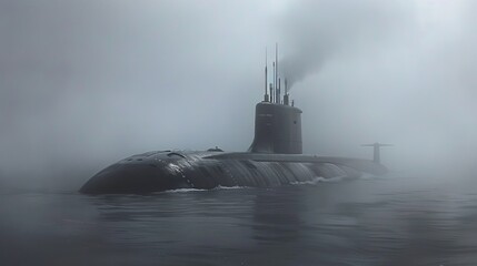 Photorealism of a submarine emerging from misty waters, depicted in a hyperrealistic style with meticulous attention to detail and subtle lighting