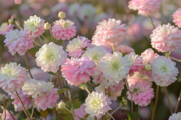 A collection of pink and white flowers blooming in a lush field under the sunlight