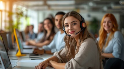 A group of people wearing headsets are sitting at a desk and smiling at the camera.