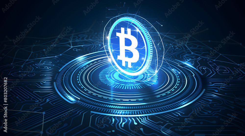 Aufkleber illuminated bitcoin symbol on digital circuitry background