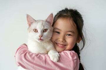 a girl hugging a cat