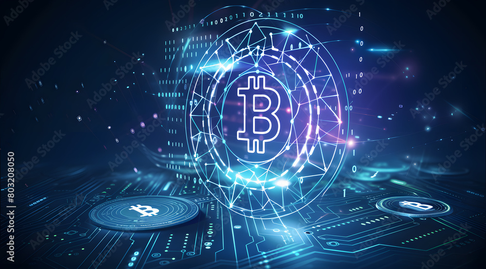 Poster illuminated bitcoin symbol on digital circuitry background