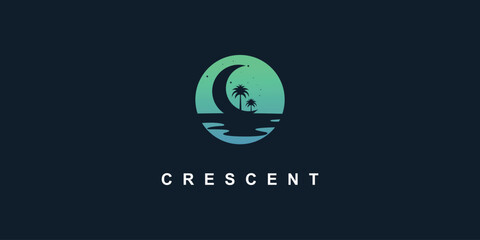 crescent night with palm tree modern flat clean minimal logo premium vector