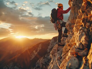 A rock climber scales a sheer cliff face while the sun sets in the background