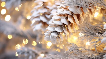 Fototapeta premium Close up of a snowy pine cone on a decorated Christmas tree with blurred lights in the background