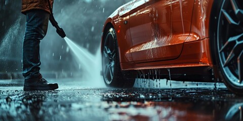 A man stands next to a red car in the rain, his silhouette visible against the wet backdrop as drops fall around him - obrazy, fototapety, plakaty
