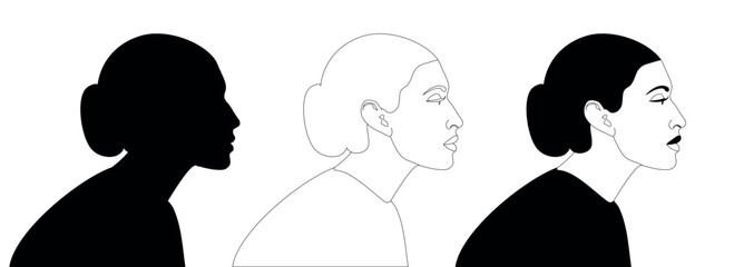 A young woman from North Africa or the Middle East in profile. Vector black and white illustration. Head and shoulders side view. Three variants of a female portrait, silhouette, line graphics