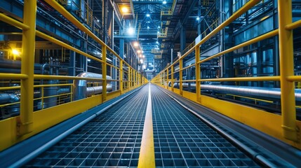 The long yellow walkway in the middle of a blue industrial building