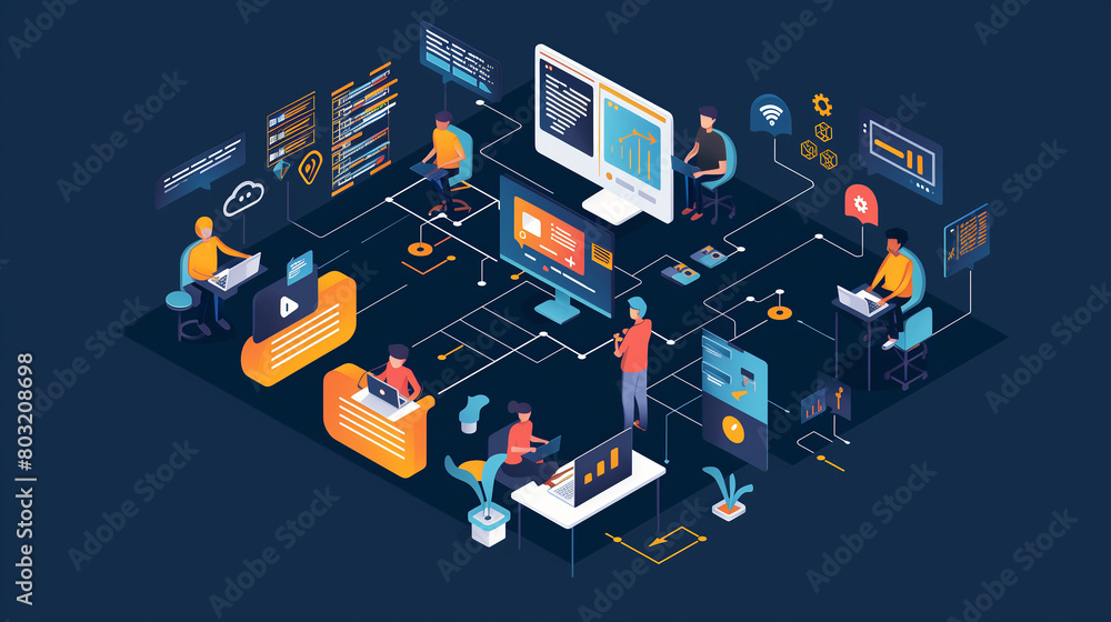 Poster the principles of devops, with development and operations teams collaborating seamlessly to deliver 