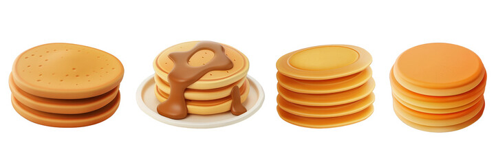 PNG pancake 3d icons and objects collection, in cartoon style minimal on transparent, white background, isolate