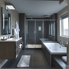 Modern bathroom interior with dark walls and white bathtub