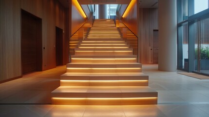 Obraz premium Elegant hotel lobby with marble stairs and indirect lighting