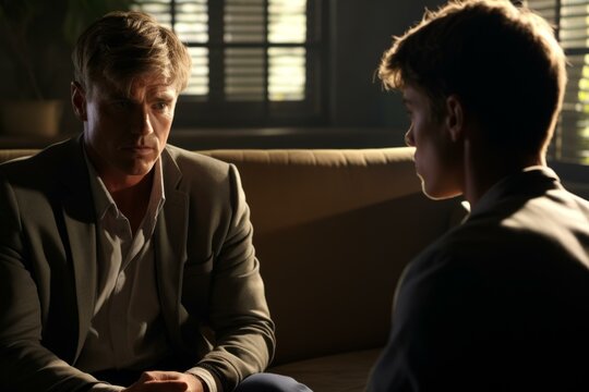 A father and son have a serious conversation in a dimly lit room - Powered by Adobe