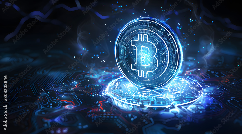 Poster illuminated bitcoin symbol on digital circuitry background