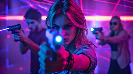 Action-packed scene with armed characters in neon lighting. Intense standoff vibe. Futuristic action movie style photography. Perfect for thriller projects. AI