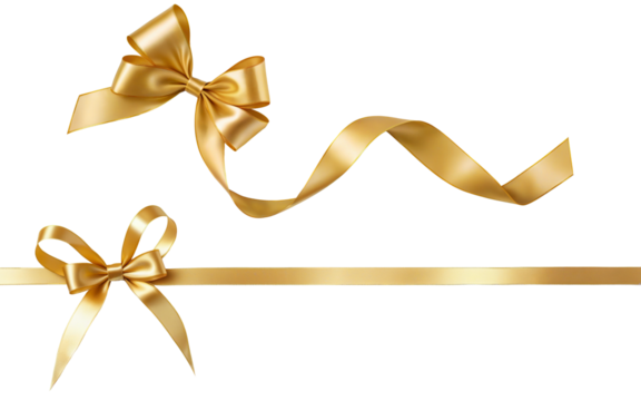 set of golden ribbon bows on a transparent background