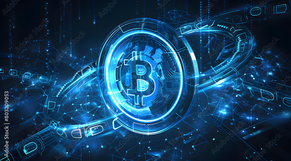 Poster illuminated bitcoin symbol on digital circuitry background