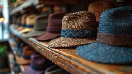 A Row of Hats on a Wooden Shelf
