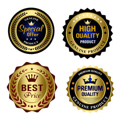 Set of Quality Badges and Labels Design Elements. Golden badge labels and laurel retro vintage collection. Emblem premium luxury logo in retro style arrows frames vector template badges collection.