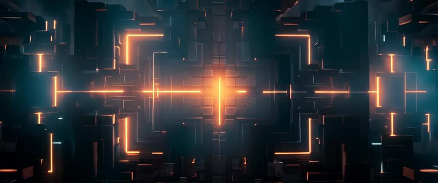 3D tech-inspired geometric patterns with recursive designs and neon accents