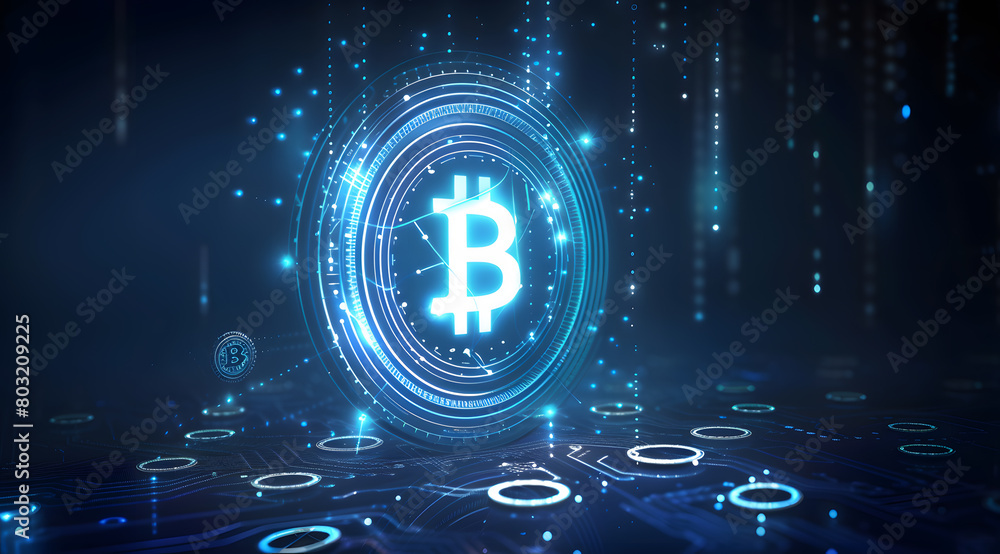 Poster illuminated bitcoin symbol on digital circuitry background
