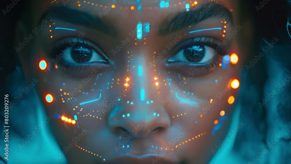 Poster Close-up of black womans face with illuminated biometric data points.