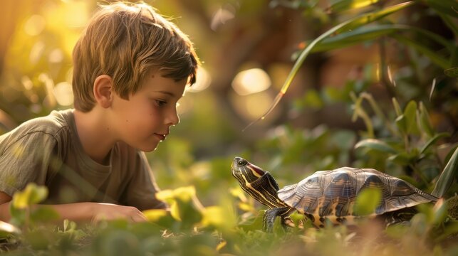 A boy and his pet turtle enjoying a sunny day in the backyard, demonstrating the unique and cherished bond between humans and their pets