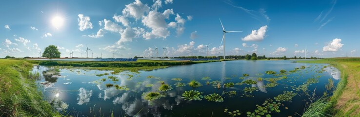 A panoramic view of the Dutch countryside, showcasing solar panels and wind turbines in use for sustainable energy production