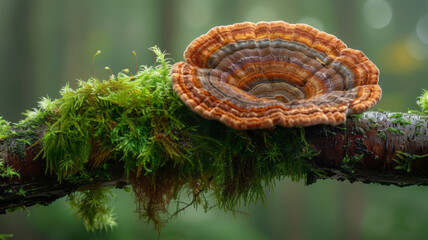 A magazine cover photo featuring a large brown Ganoderma lucidum (reishi mushroom) situated on an isolated branch covered with moss.generative ai