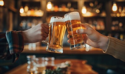 Photo of two close up mens hands toasting in a pub or bar over the table as a sign of close friendship and Bar drinking menu