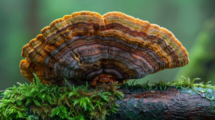 A magazine cover photo featuring a large brown Ganoderma lucidum (reishi mushroom) situated on an isolated branch covered with moss.generative ai