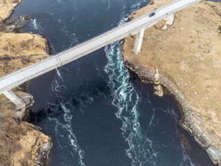 Aerial drone view of world's strongest tidal whirlpools - maelstroms - between Saltfjorden and...